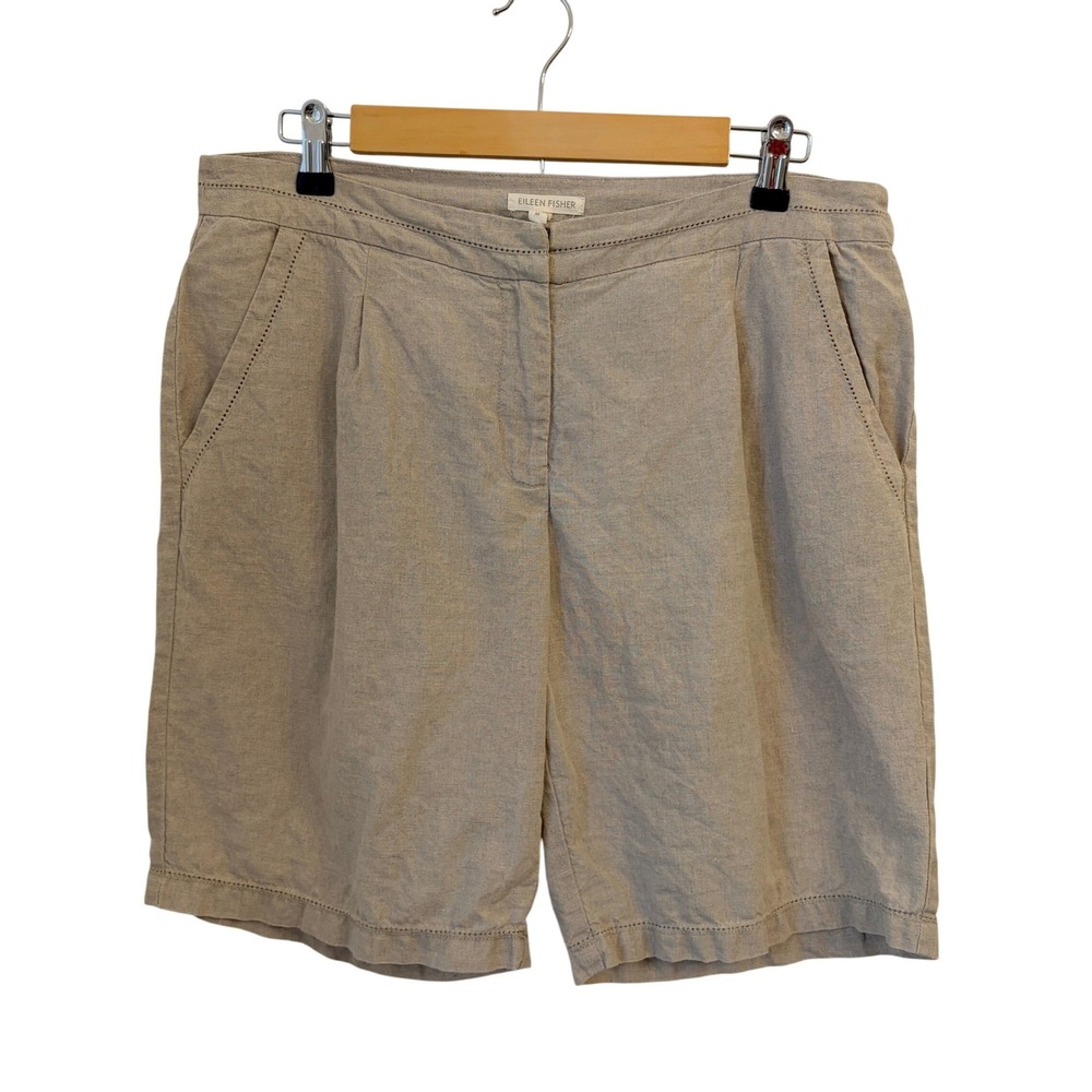 Eileen Fisher Organic Linen Bermuda Shorts M Coastal Neutral Pleated Beige Tan